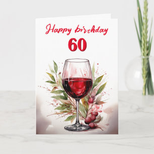 Rustic Watercolor Red Wine Glass 60th Birthday Card