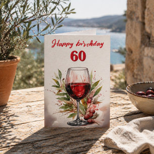 Rustic Watercolor Red Wine Glass 60th Birthday Card
