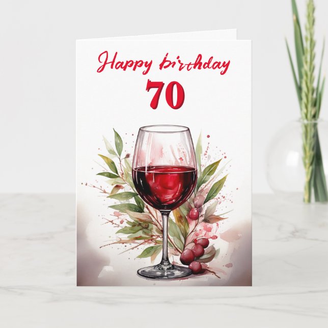 Rustic Watercolor Red Wine Glass 70th Birthday Card (Front)