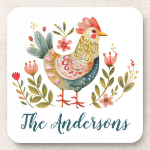 Rustic Watercolor Rooster Kitchen Decor Coaster