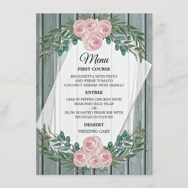Rustic Watercolor Rose and Greenery Wedding Menu (Front)