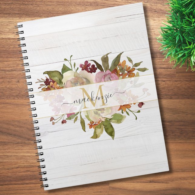 Rustic Watercolor Rose Bouquet Monogram Notebook (Creator Uploaded)