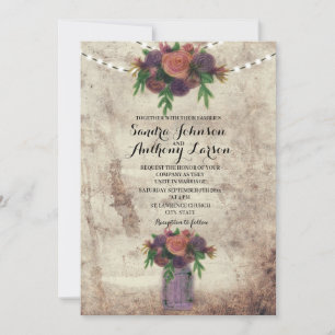 Rustic Watercolor Rose & Mason Jar Wedding Invite