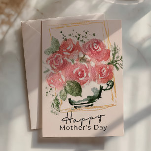 Rustic Watercolor Roses in a Teacup   Mother’s Day Card