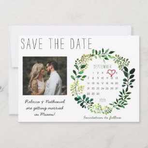 Rustic Watercolor Save the Date Calendar Heart Announcement
