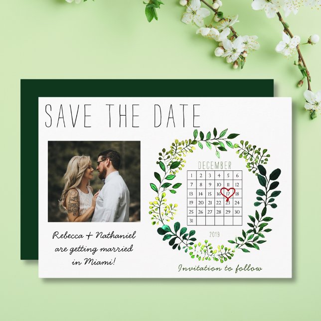 Rustic Watercolor Save the Date Calendar Heart Announcement (Creator Uploaded)