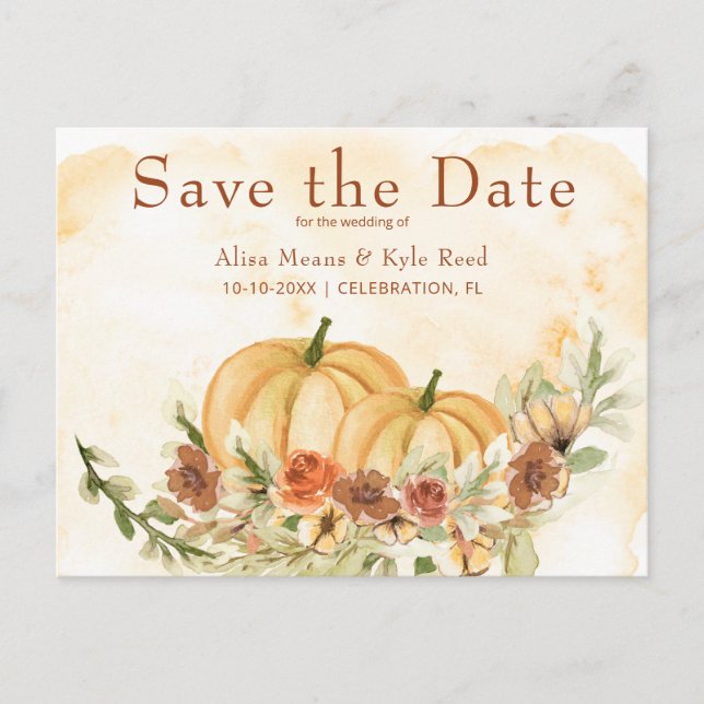 Rustic Watercolor Save the Date Pumpkin Wedding Announcement Postcard (Front)
