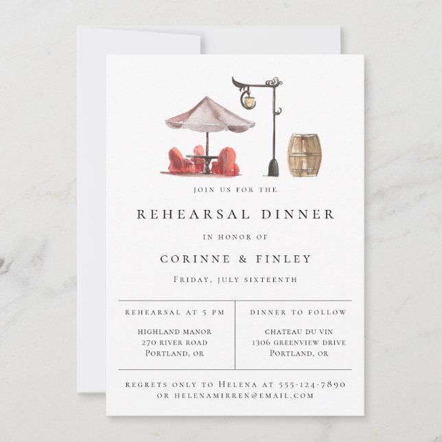 Rustic Watercolor Scene Rehearsal Dinner Announcement (Front)