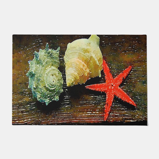 rustic watercolor seashell starfish beach house doormat (Front)