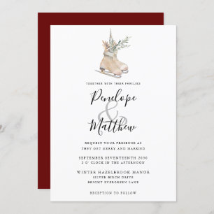 Rustic Watercolor Seasonal Floral Ice-Skating Invitation