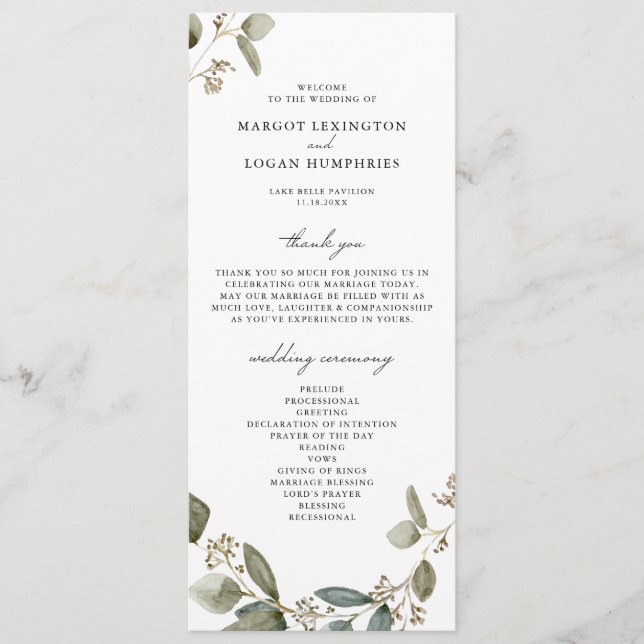 Rustic Watercolor Seeded Eucalyptus Wedding Program (Front)