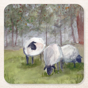 Rustic Watercolor Sheep Square Paper Coaster