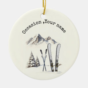Rustic Watercolor Ski Snow Tree Mountain Winter Ceramic Ornament