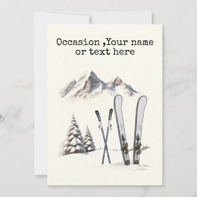 Rustic Watercolor Ski Snow Tree Mountain Winter Holiday Card (Front)