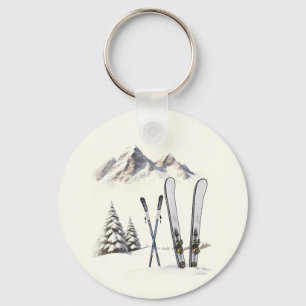 Rustic Watercolor Ski Snow Tree Mountain Winter  Keychain