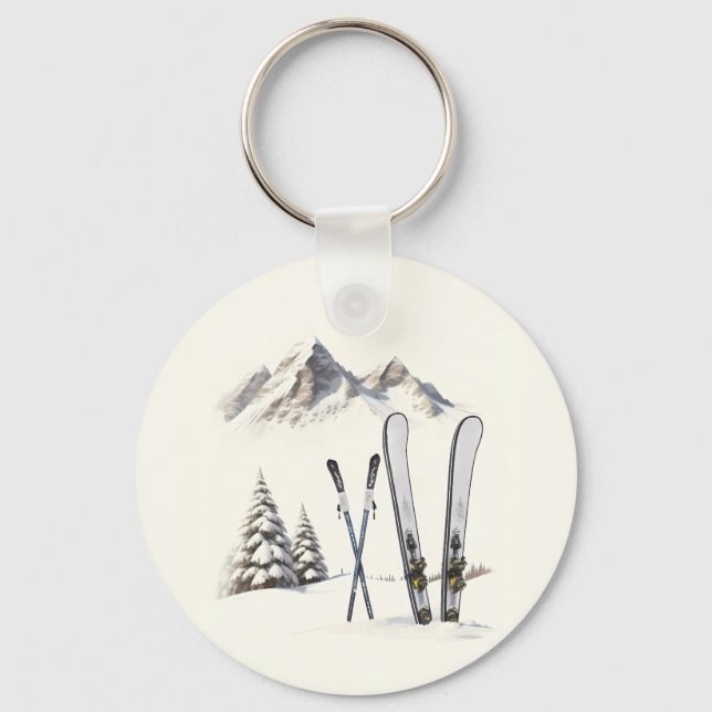 Rustic Watercolor Ski Snow Tree Mountain Winter  Keychain (Front)