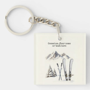 Rustic Watercolor Ski Snow Tree Mountain Winter Keychain