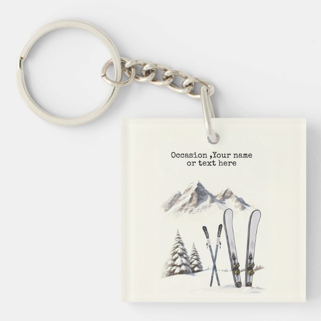 Rustic Watercolor Ski Snow Tree Mountain Winter Keychain (Front)