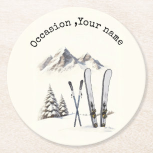 Rustic Watercolor Ski Snow Tree Mountain Winter Round Paper Coaster