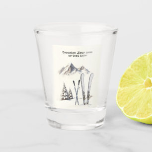 Rustic Watercolor Ski Snow Tree Mountain Winter  Shot Glass