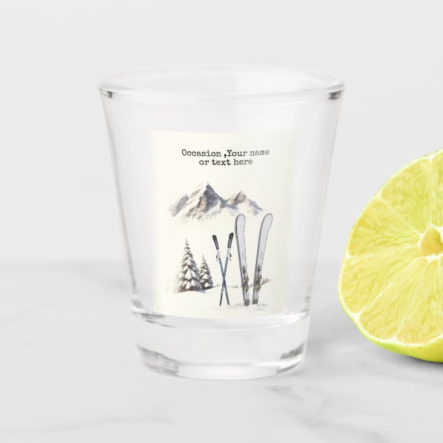 Rustic Watercolor Ski Snow Tree Mountain Winter  Shot Glass (Front)
