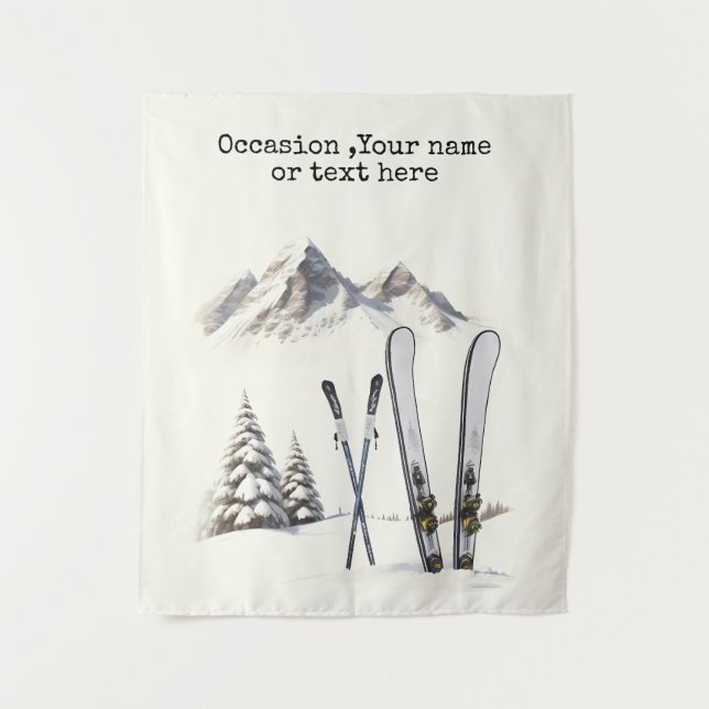 Rustic Watercolor Ski Snow Tree Mountain Winter Tapestry (Front)