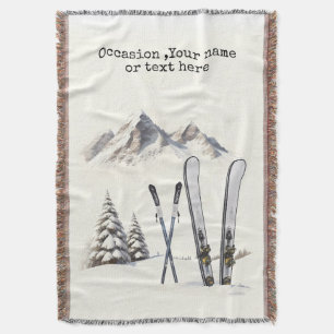 Rustic Watercolor Ski Snow Tree Mountain Winter Throw Blanket