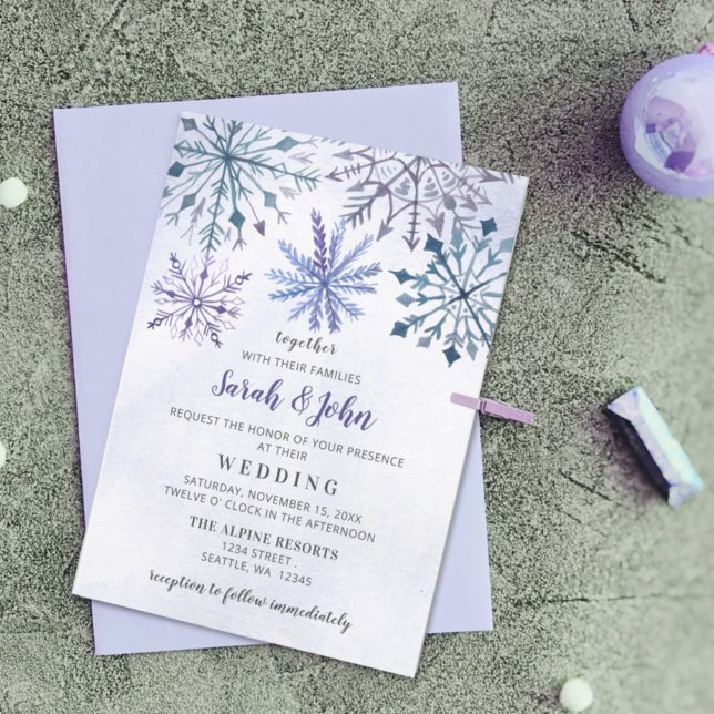 Rustic Watercolor Snowflakes Blue Winter Wedding Invitation (Creator Uploaded)