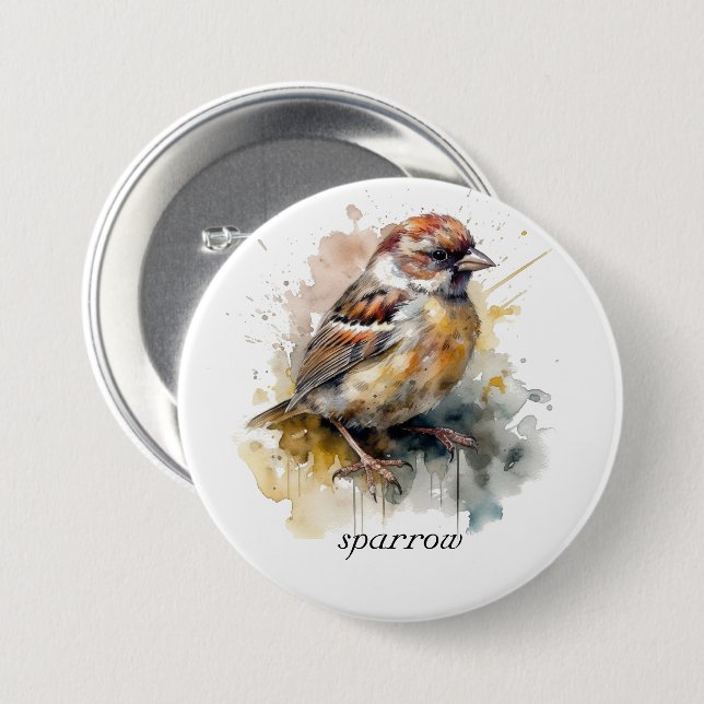 Rustic Watercolor Sparrow, custom 3 Inch Round Button (Front & Back)