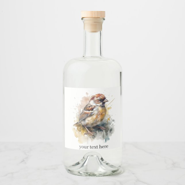Rustic Watercolor Sparrow, custom Liquor Bottle Label (Front)