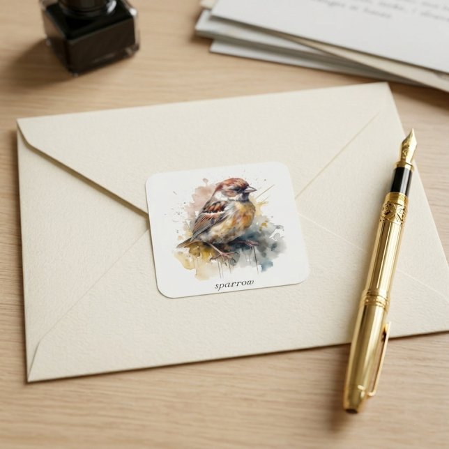 Rustic Watercolor Sparrow, custom Square Sticker (Creator Uploaded)