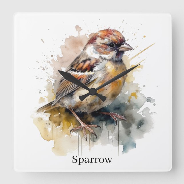 Rustic Watercolor Sparrow, custom Square Wall Clock (Front)
