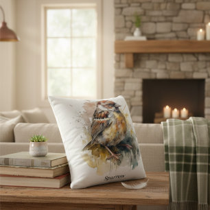 Rustic Watercolor Sparrow, custom Throw Pillow