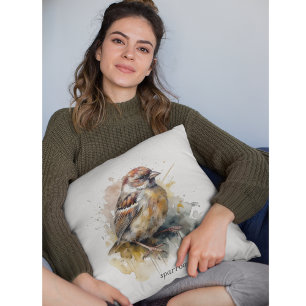 Rustic Watercolor Sparrow, custom  Throw Pillow
