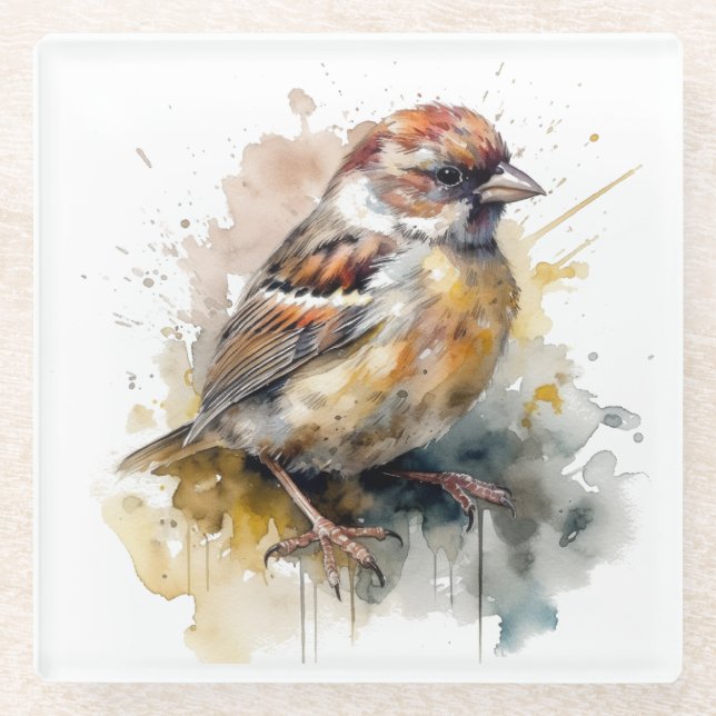 Rustic Watercolor Sparrow Glass Coaster (Front)