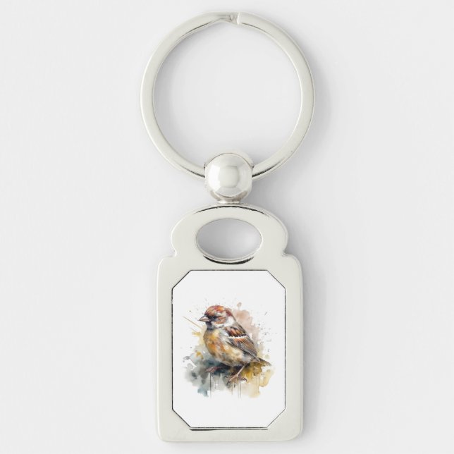 Rustic Watercolor Sparrow Keychain (Front)