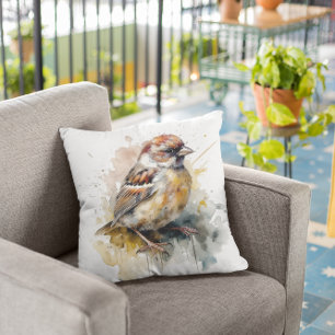 Rustic Watercolor Sparrow Throw Pillow