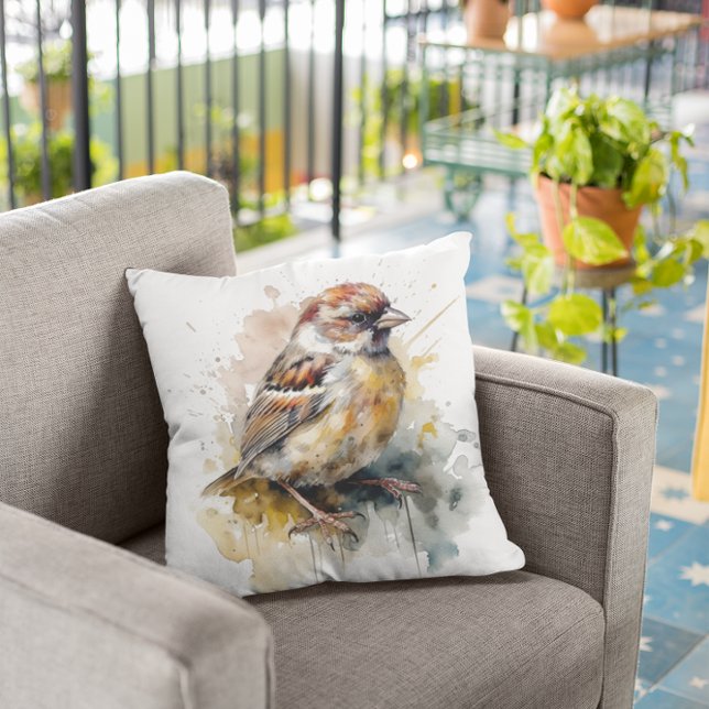 Rustic Watercolor Sparrow Throw Pillow (Creator Uploaded)