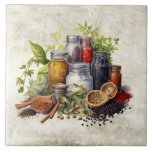 Rustic Watercolor Spices Faux Texture Watercolor Tile<br><div class="desc">Rustic watercolor graphic design on a faux texture background with spices,  cinnamon,  garlic.  Mason canning jars filled with natural kitchen goods.  A vintage country look.  Perfect for your country French or cottage farmhouse kitchen.</div>
