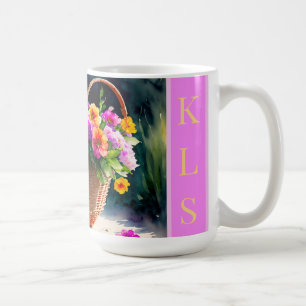 Rustic Watercolor Spring Floral Basket Monogram Coffee Mug