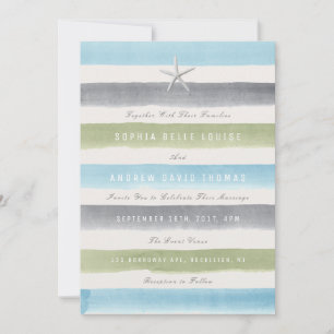 Rustic watercolor stripes nautical beach wedding invitation