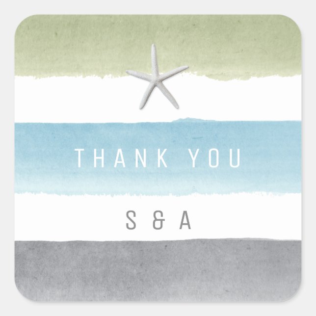 Rustic watercolor stripes nautical beach wedding square sticker (Front)