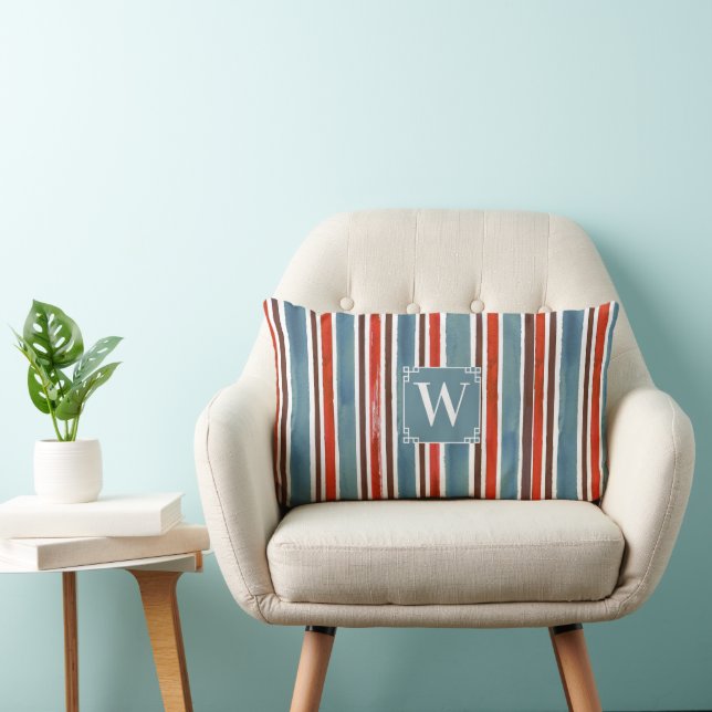 Rustic Watercolor Stripes – Red, Blue, and Brown  Lumbar Pillow (Chair)