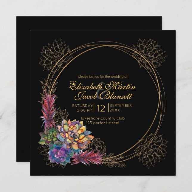 Rustic Watercolor Succulent, black Wedding Invitation (Front/Back)