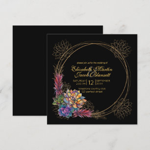 Rustic Watercolor Succulent, black Wedding Invitation
