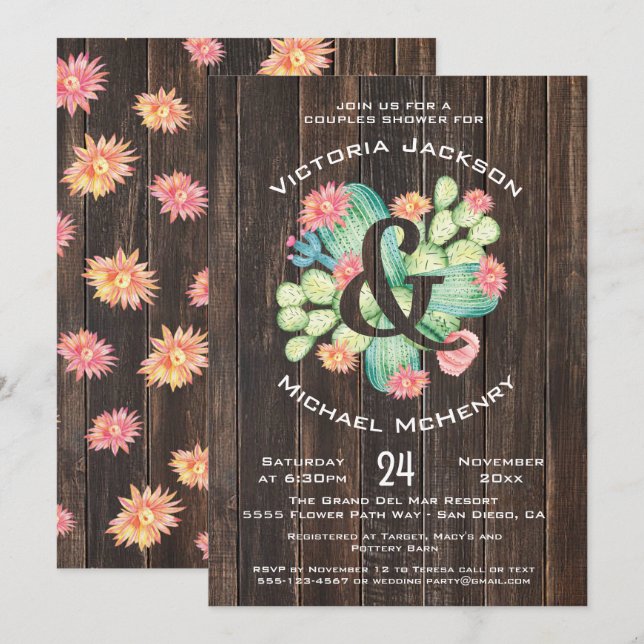 Rustic Watercolor Succulent Bridal Couples Shower Invitation (Front/Back)