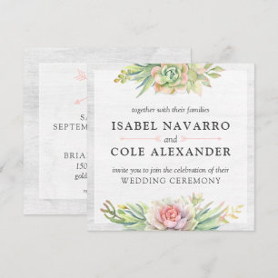 Rustic Watercolor Succulent Cactus Square Wedding Invitation