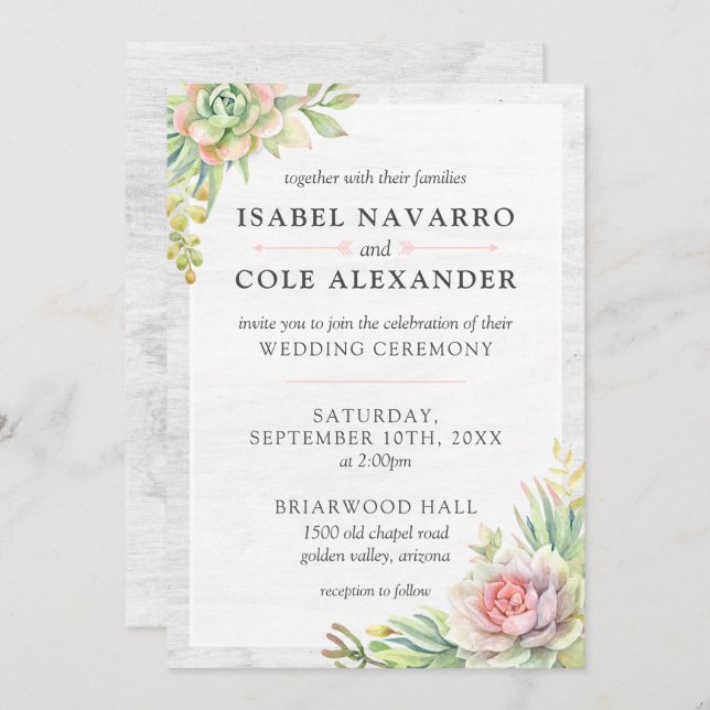 Rustic Watercolor Succulent Desert Cactus Wedding Invitation (Front/Back)