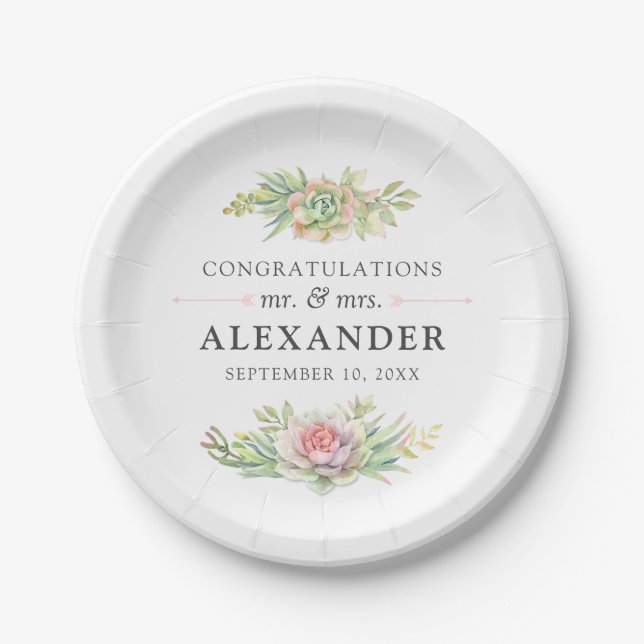 Rustic Watercolor Succulent Desert Cactus Wedding Paper Plate (Front)