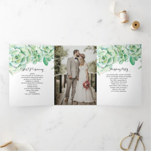 Rustic Watercolor Succulent Desert Photo Wedding Tri-Fold Programme